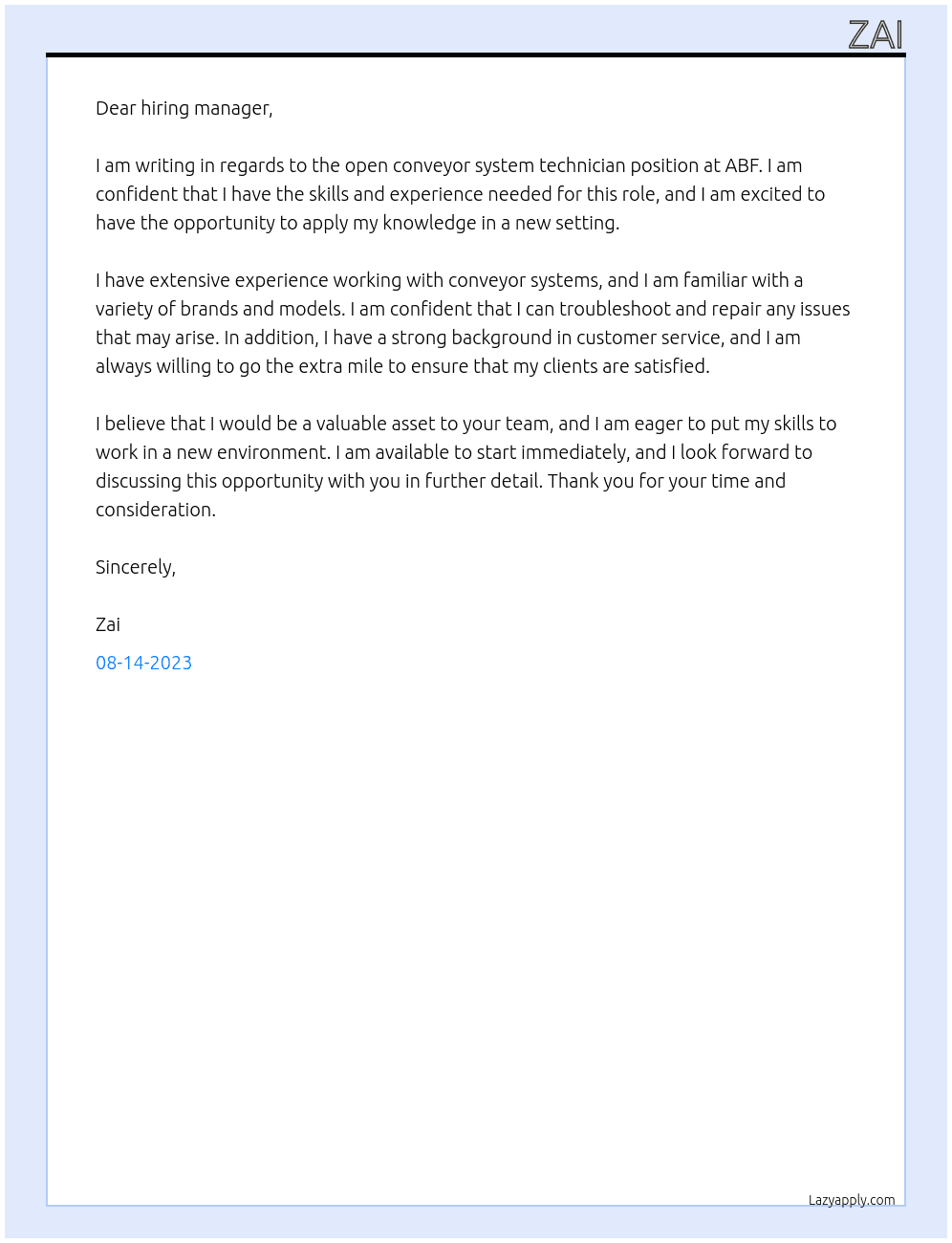 conveyor system At abf Cover Letter
