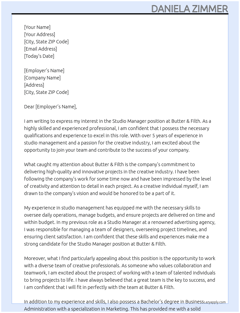 Studio manager At Butter & Filth Cover Letter