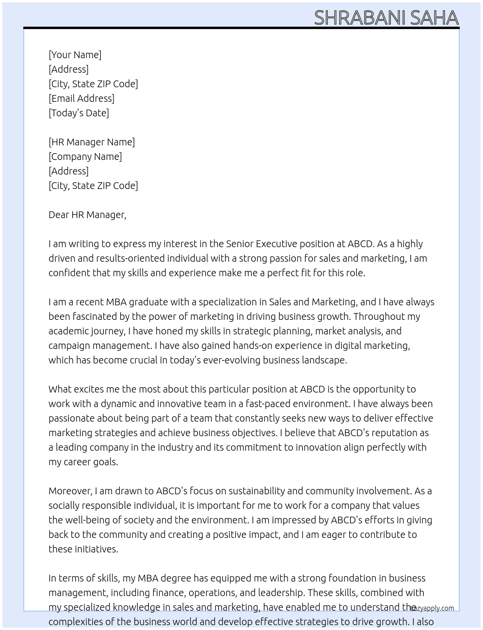 Senior Executive At ABCD Cover Letter