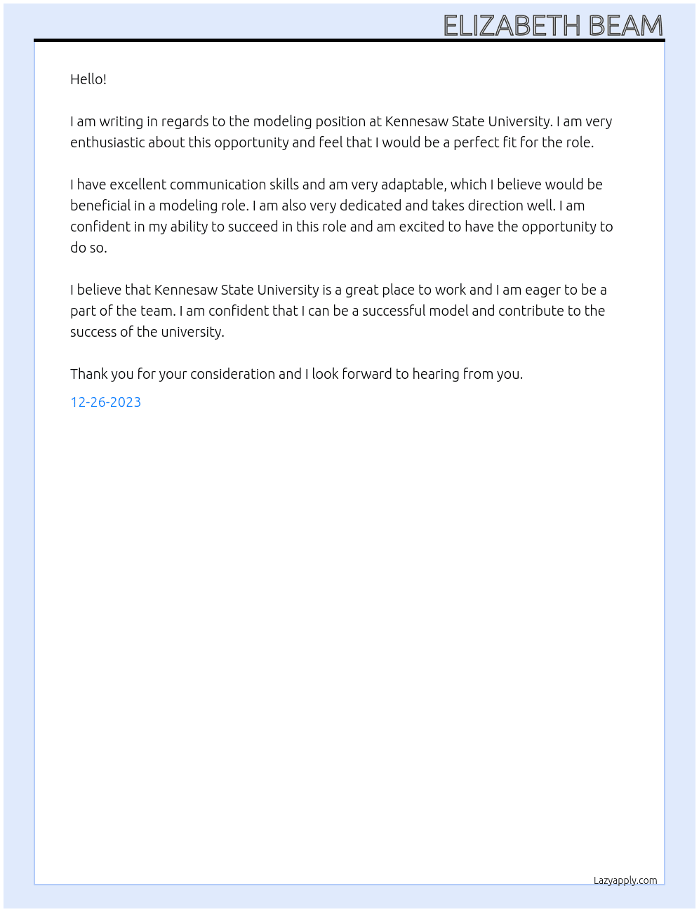 Model  At Kennesaw State University Cover Letter