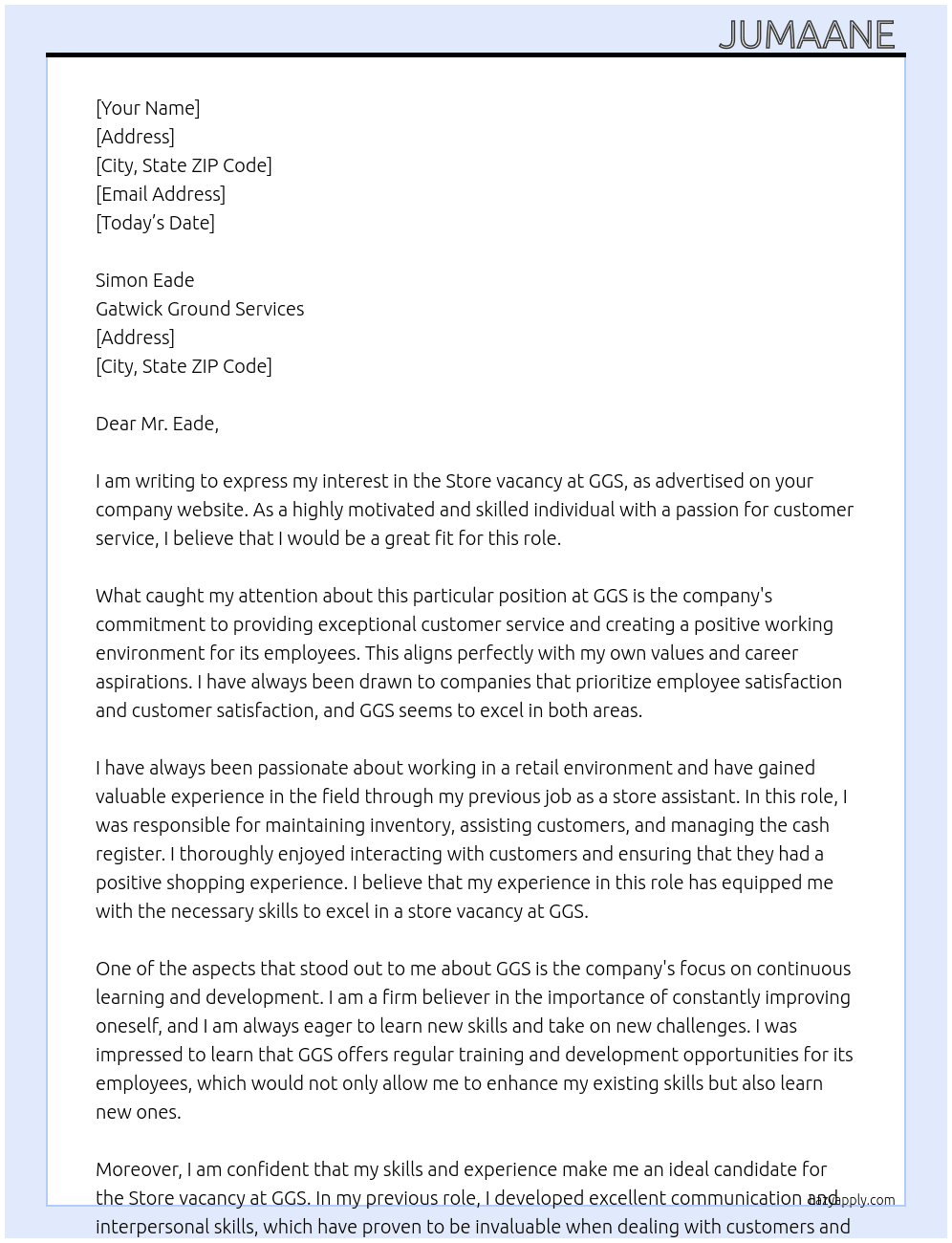 Store vacancy  At GGS Cover Letter