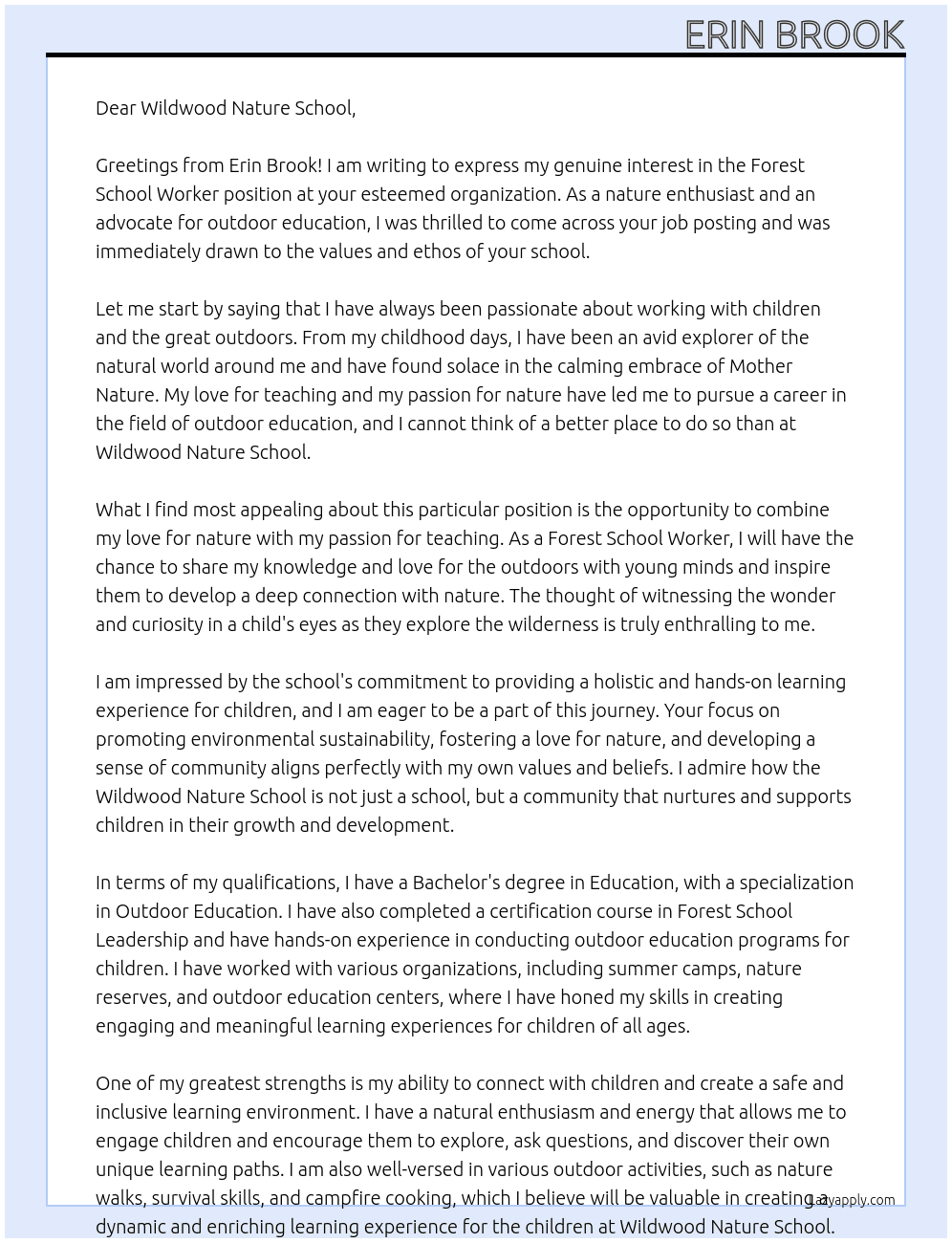 Forest School worker At Wildwood Nature School Cover Letter