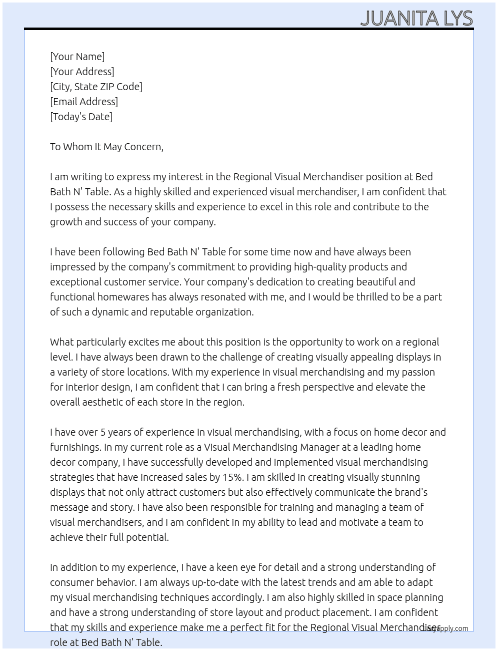 Regional Visual Merchandiser At Bed Bath N' Table Cover Letter
