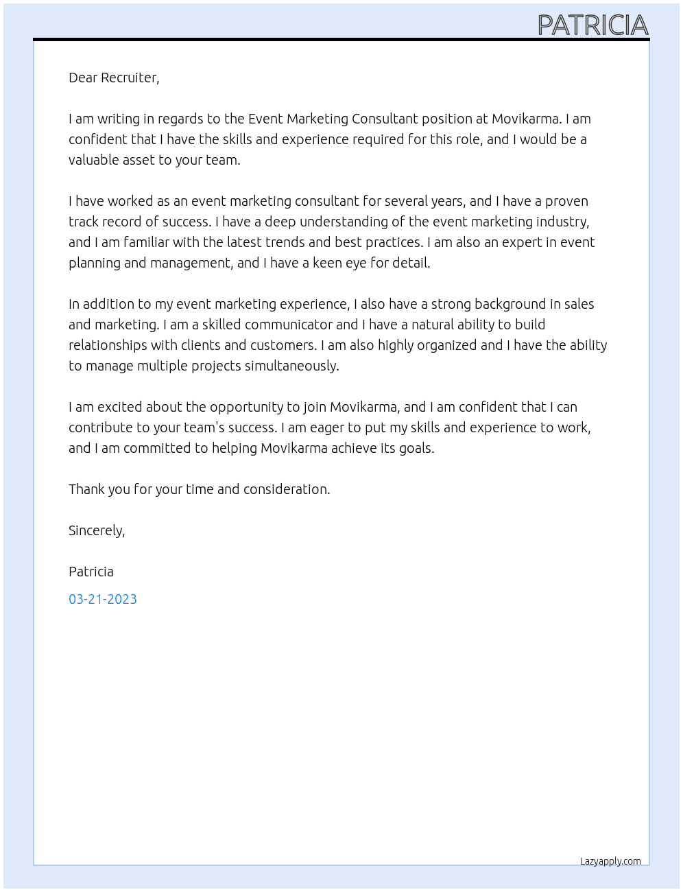 Event Marketing Consultant At Movikarma Cover Letter