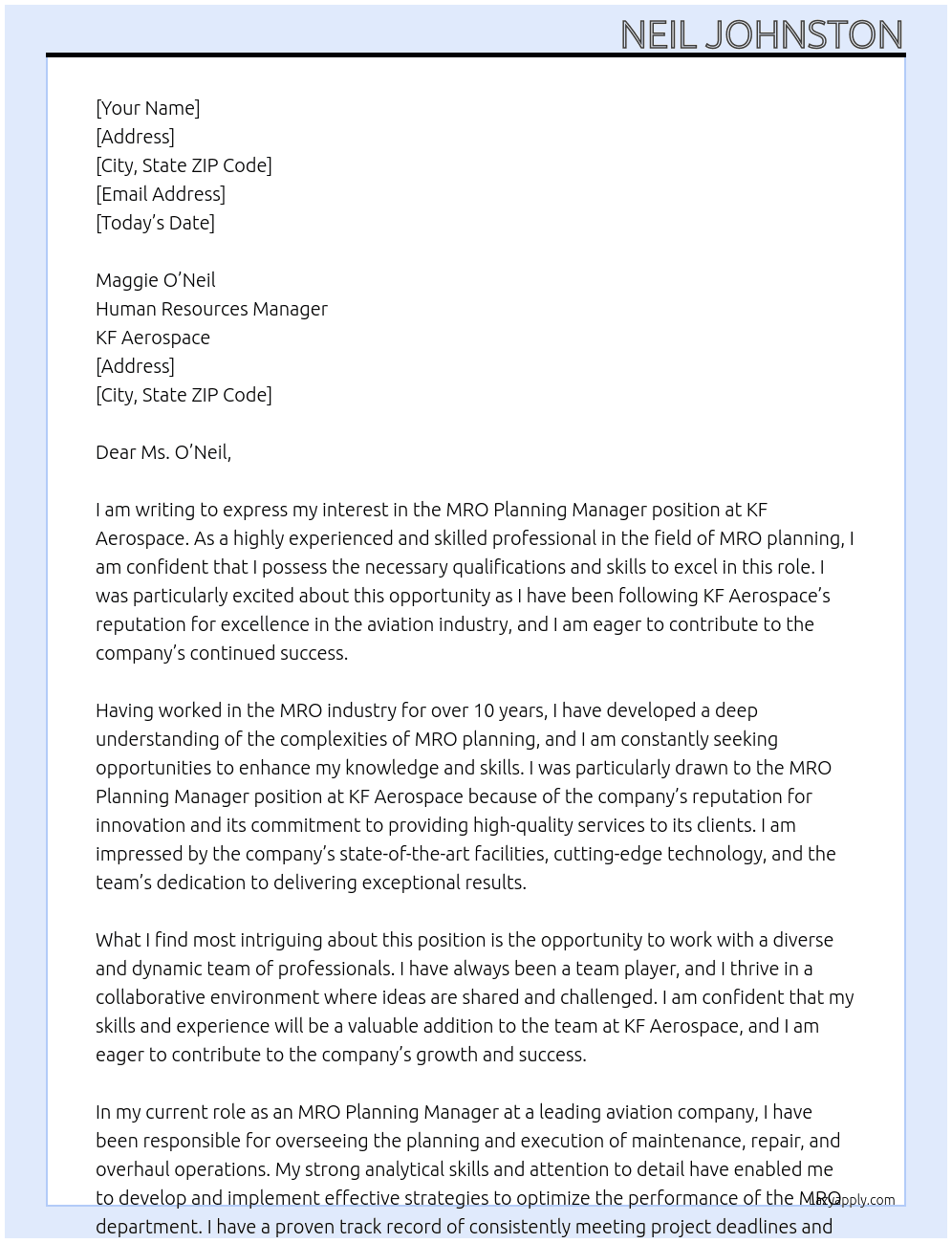 MRO Planning Manager At KF Aerospace Cover Letter