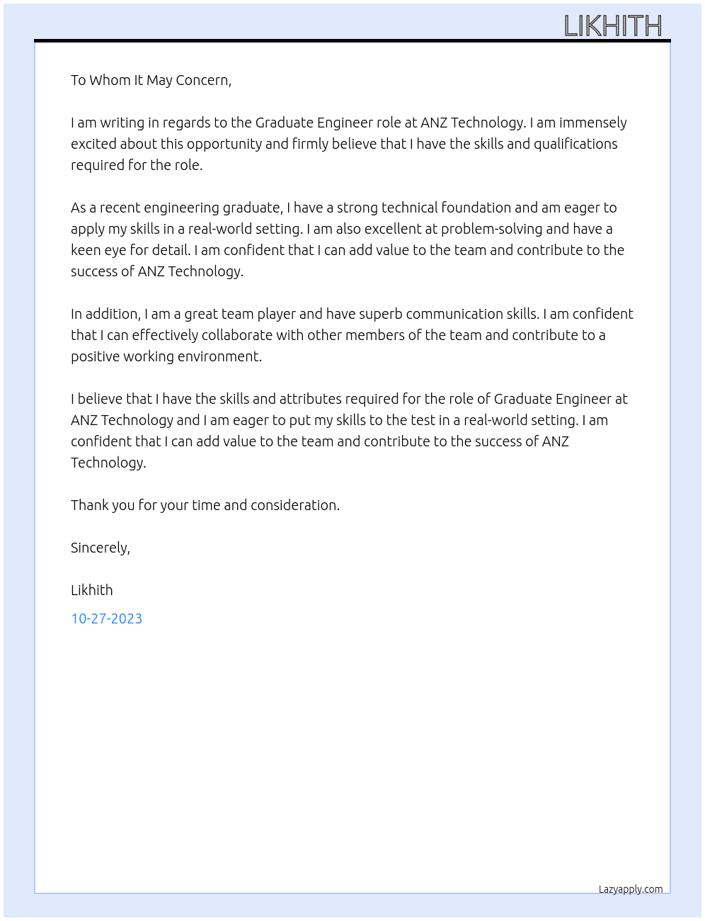 Graduate Engineer role At ANZ Technology Cover Letter