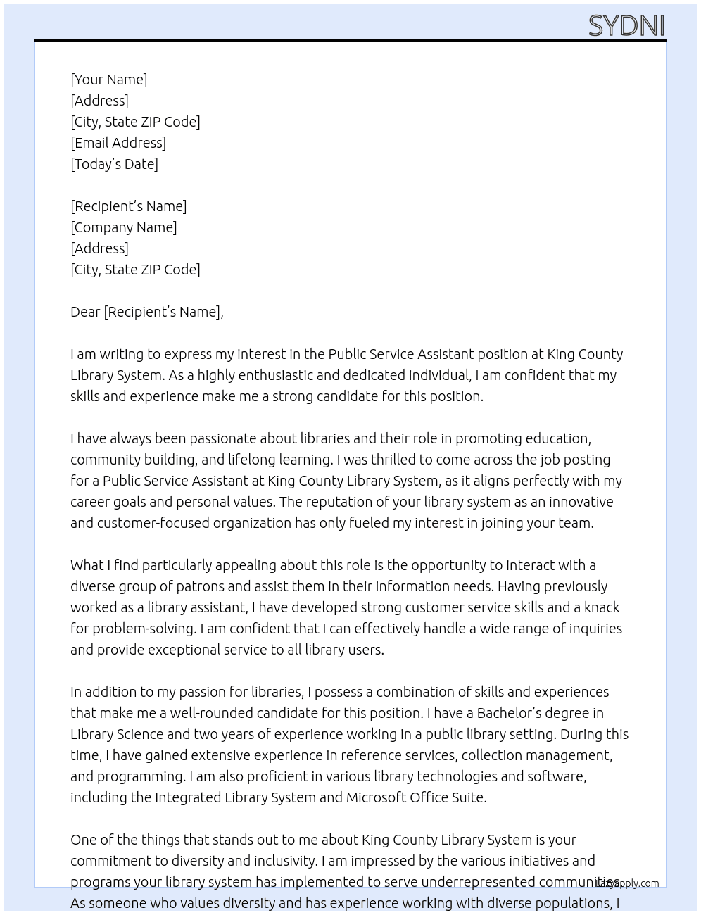 Public Service Assistant At King County Library System Cover Letter