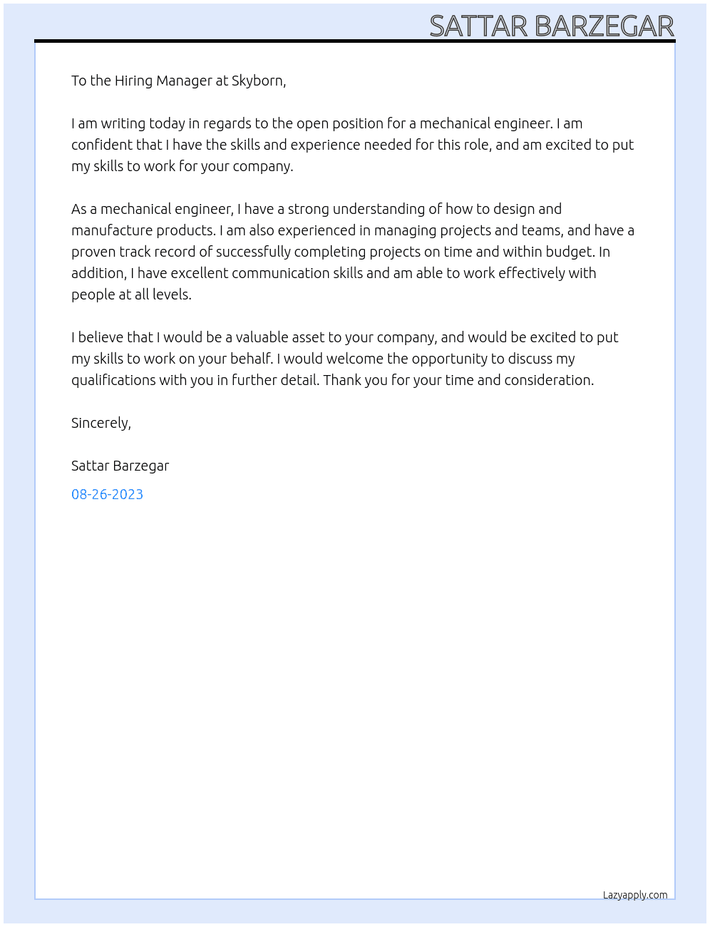 Machanical Engineer At Skyborn Cover Letter