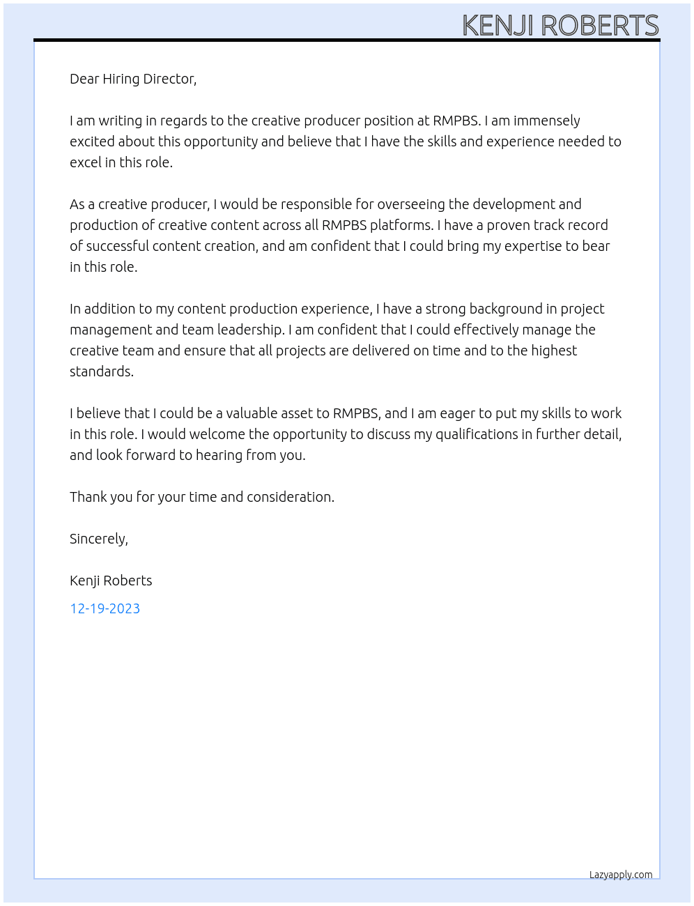 creative producer At RMPBS Cover Letter