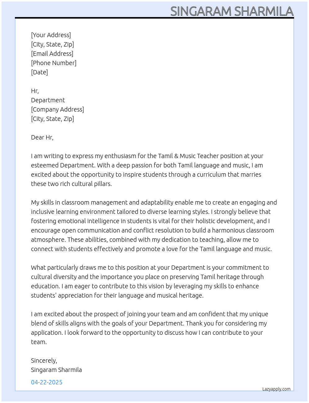 Tamil & Music Teacher At Department Cover Letter