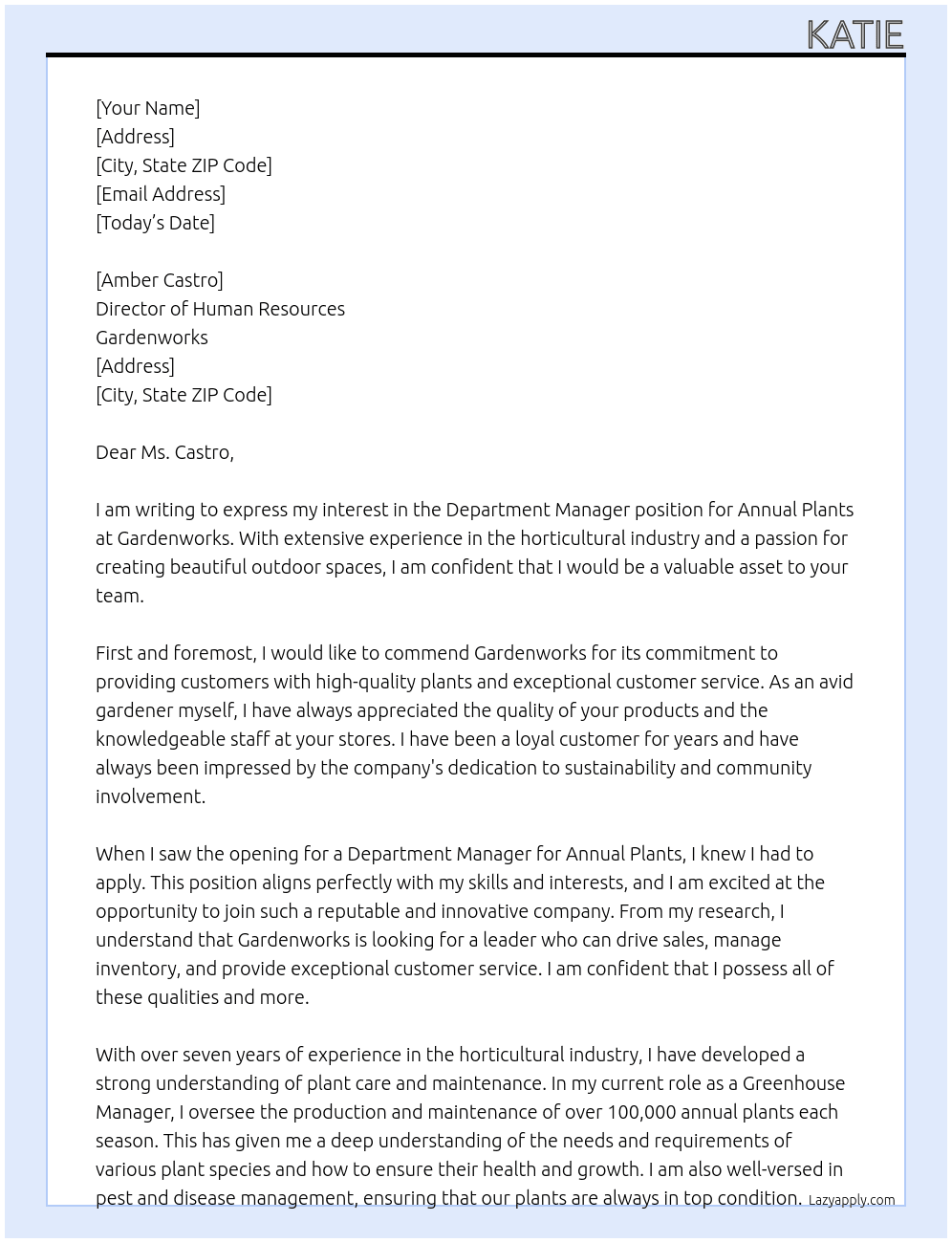 Department Manager - Annual Plants At gardenworks Cover Letter