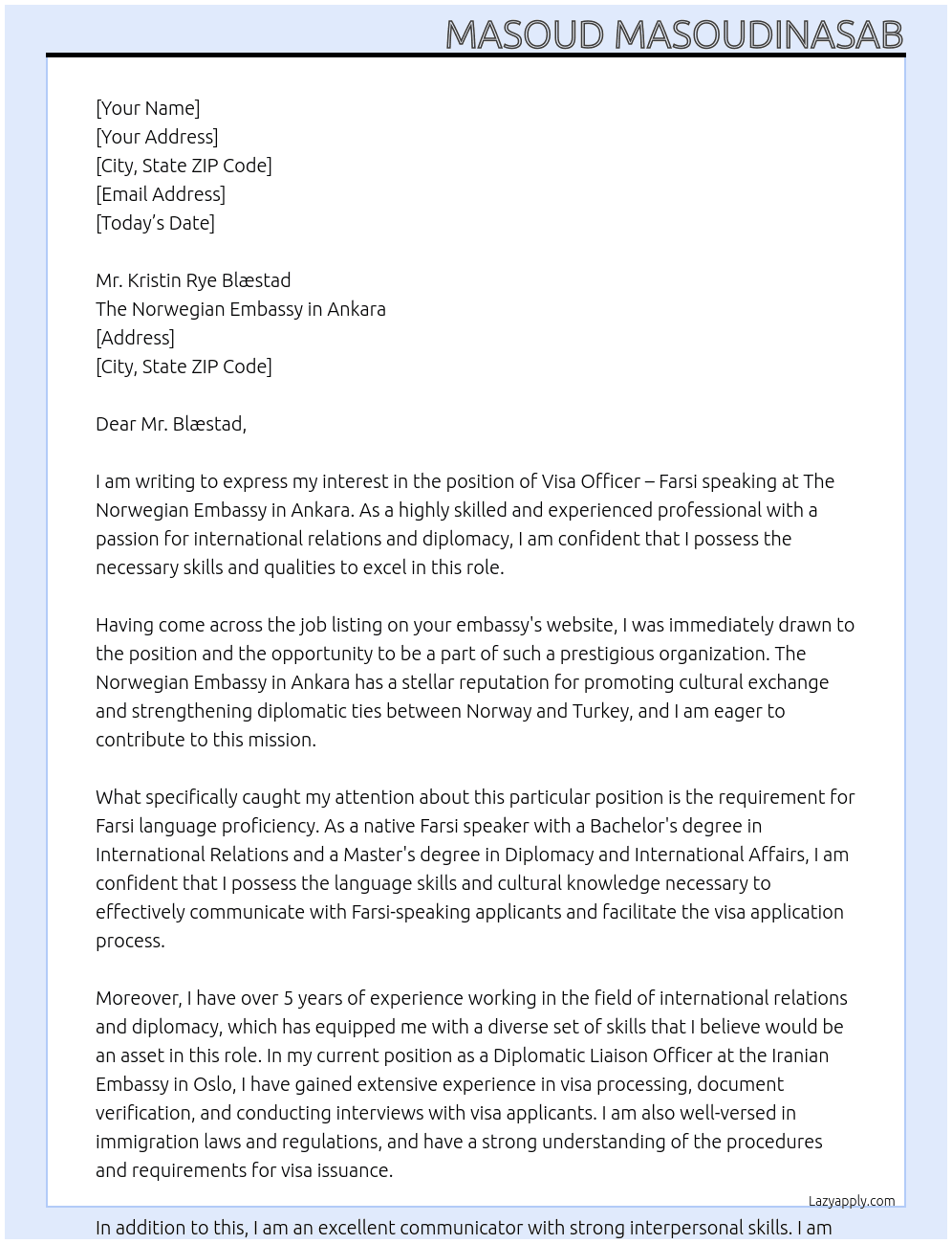 Visa Officer - Farsi speaking At The Norwegian Embassy in Ankara Cover Letter