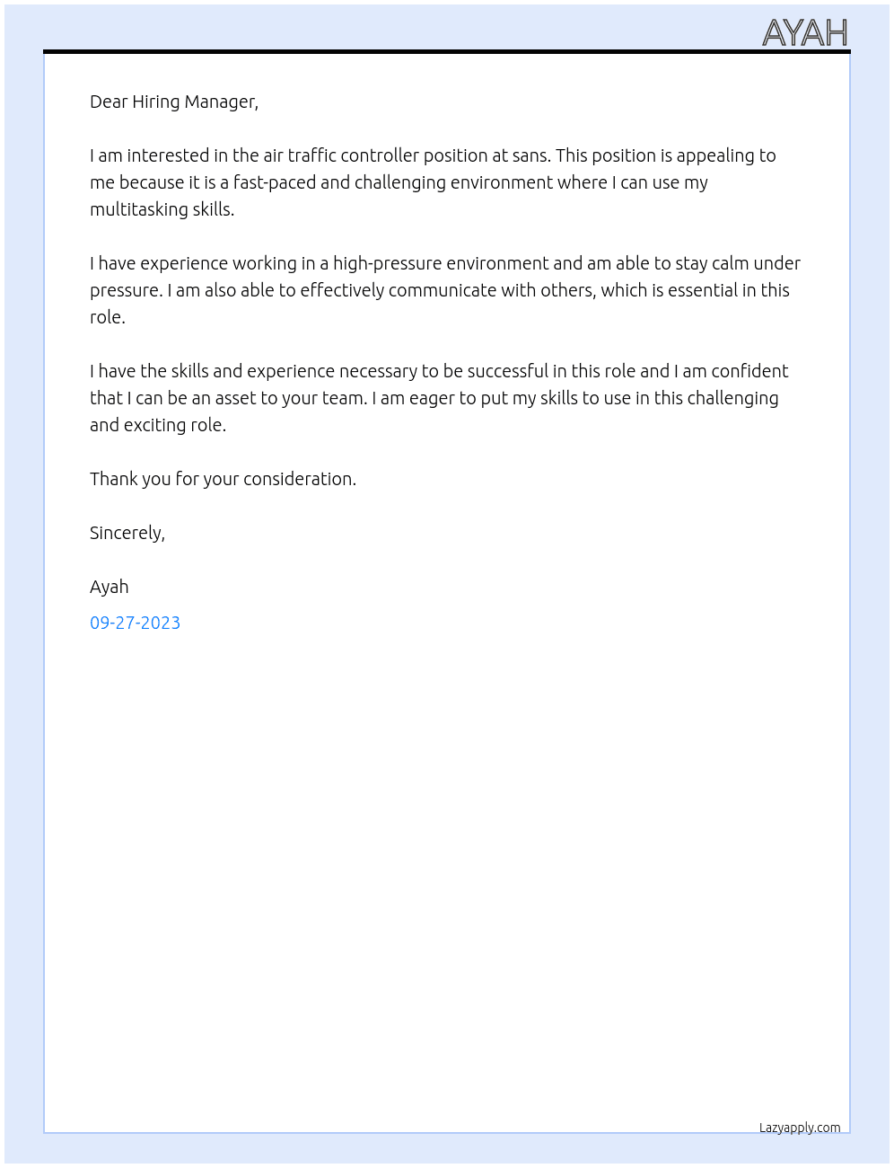 air traffic controller  At sans Cover Letter