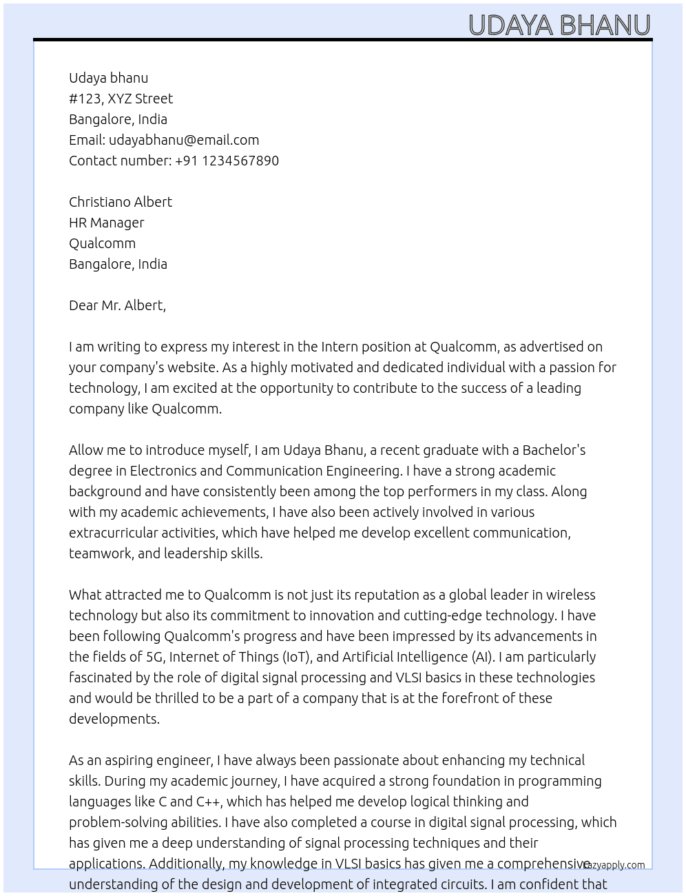 Intern At Qualcomm Cover Letter
