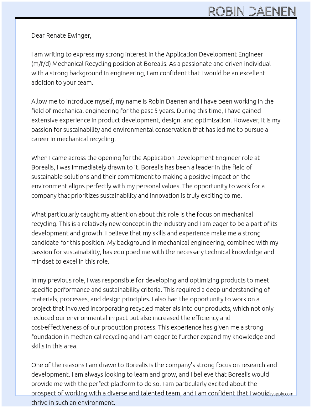 Application Development Engineer (m/f/d) Mechanical Recycling At borealis Cover Letter