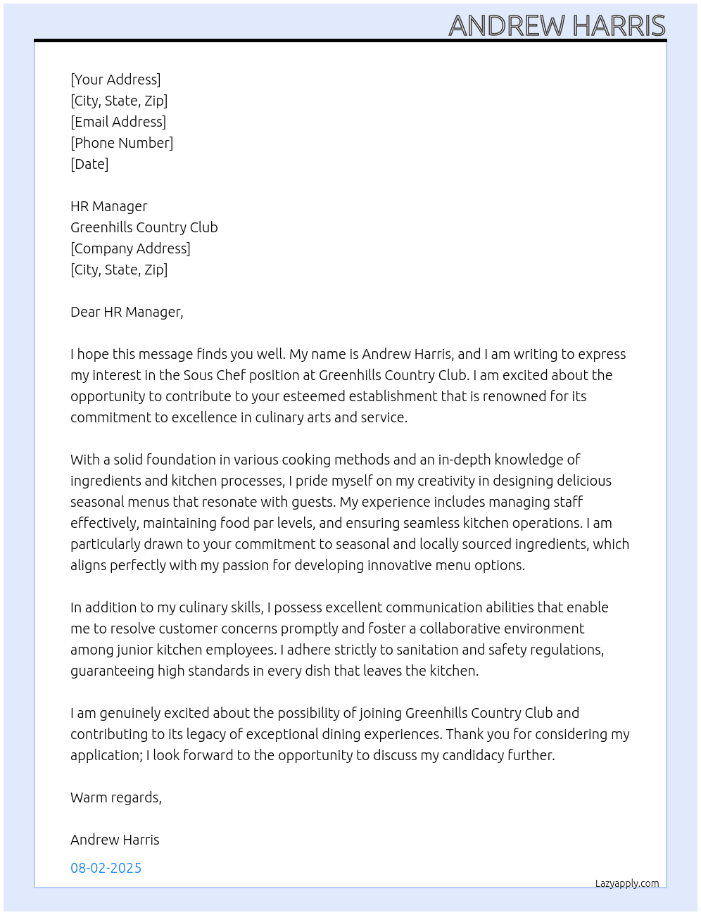 Cover letter for sous chef - LazyApply