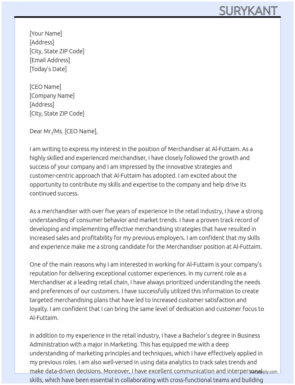 Merchandiser At Al - Futtaim Cover Letter