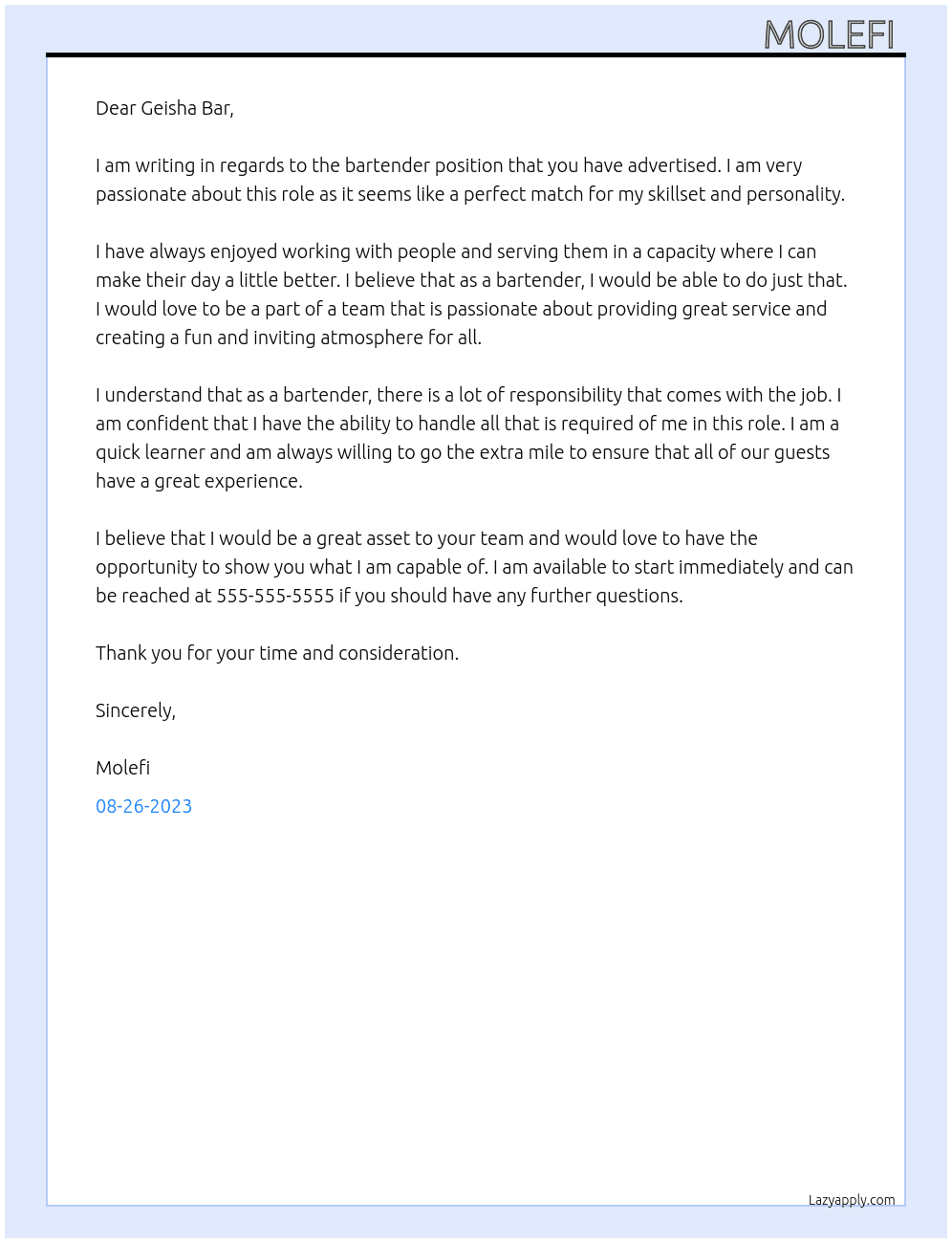 Bartender At Geisba Bar Cover Letter
