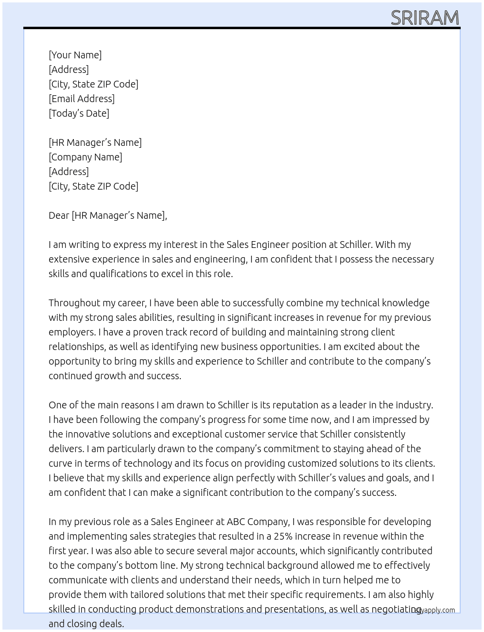 Sales Engineer  At Schiller  Cover Letter