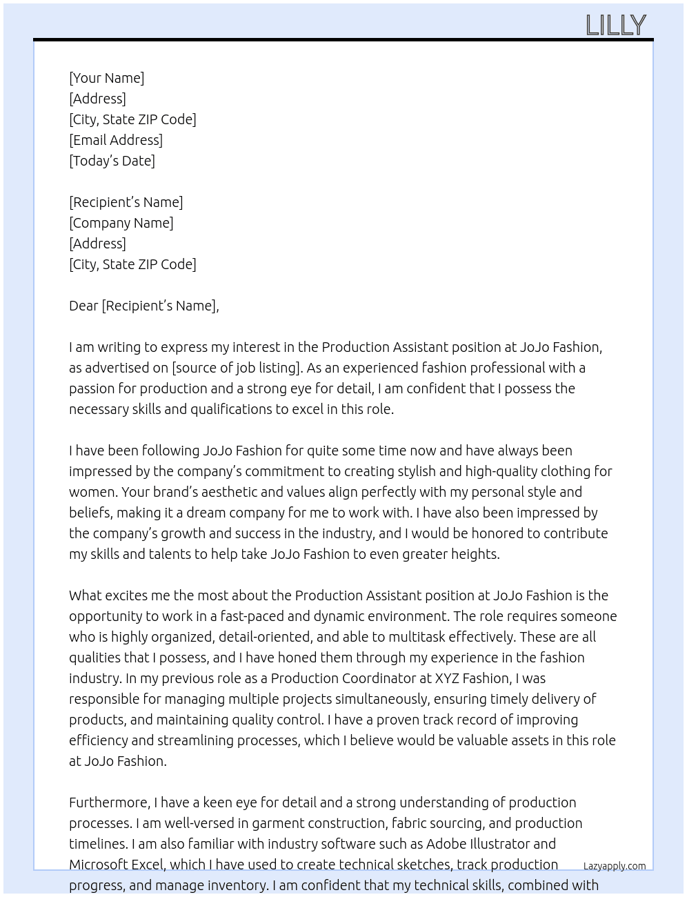 Production Assistent  At JoJo Fashion  Cover Letter