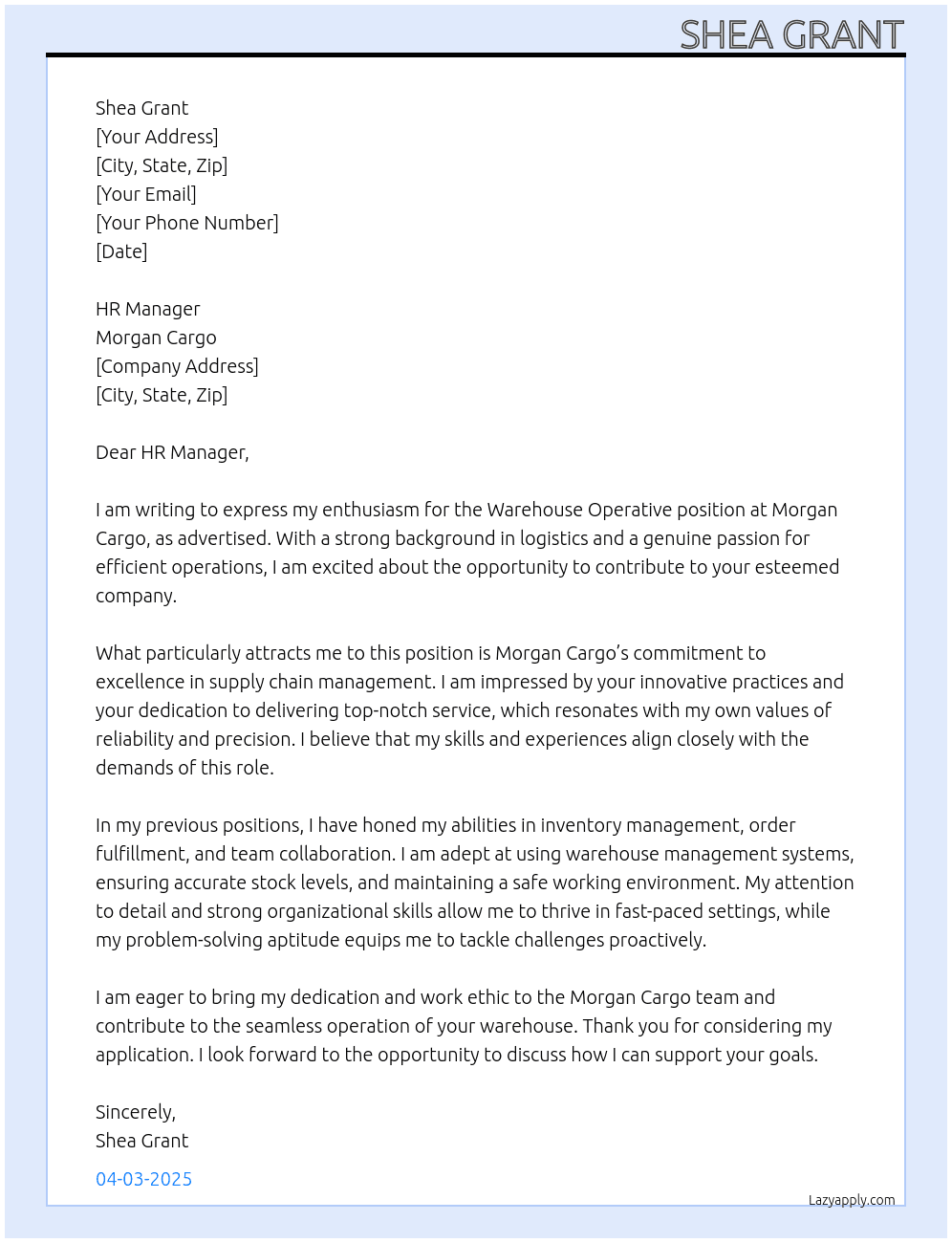 Warehouse operative At Morgan Cargo Cover Letter