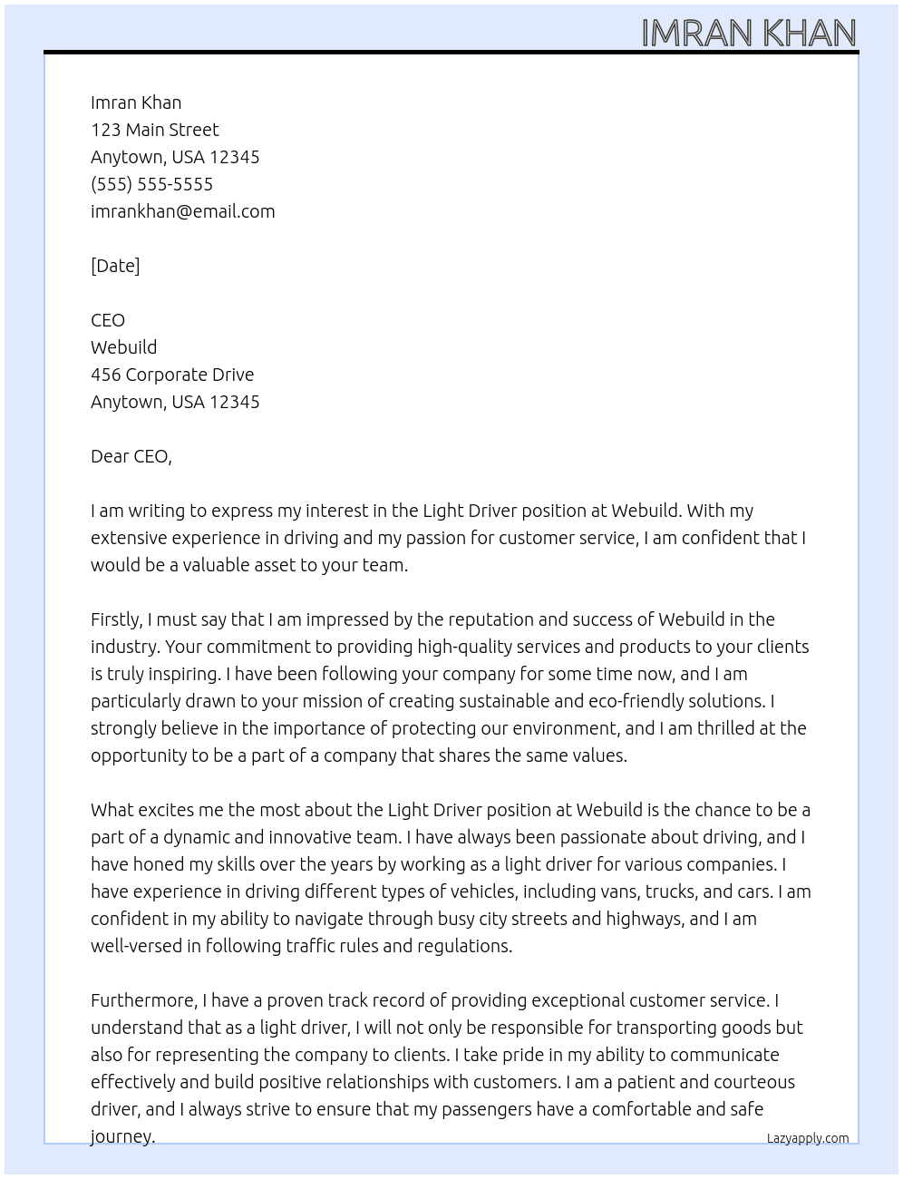 Light driver  At Webuild  Cover Letter