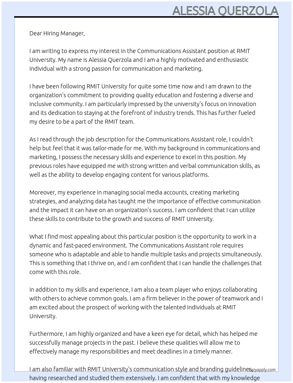 Communications Assistant  At RMIT University Cover Letter