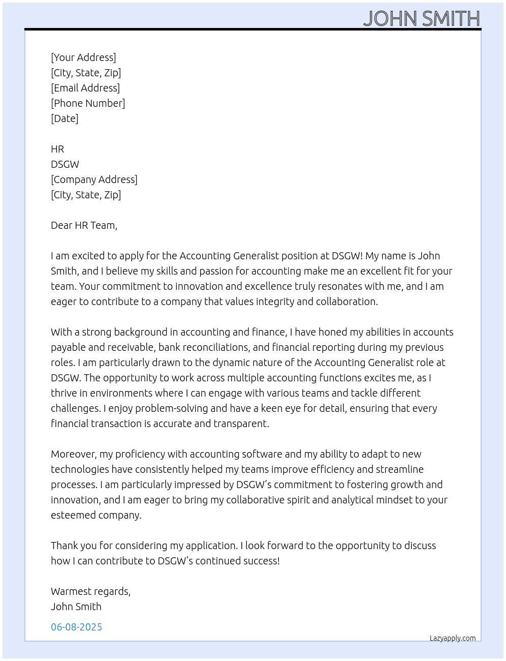 Accounting generalist At DSGW Cover Letter