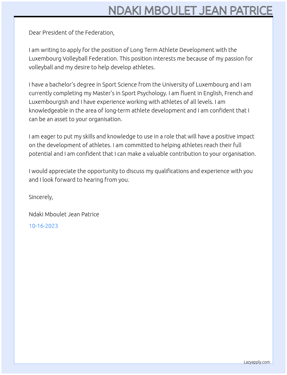 Long Term Athlet Development  At LUXEMBOURG VOLLEYBALL FEDERATION Cover Letter