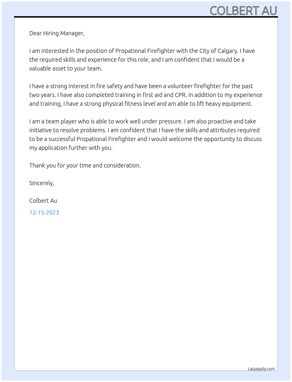 Propational Firefighter At City of Calgart Cover Letter