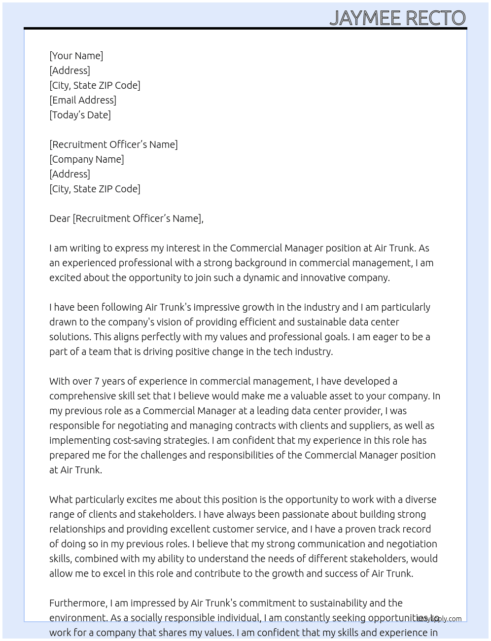 Commercial Manager At Air Trunk Cover Letter