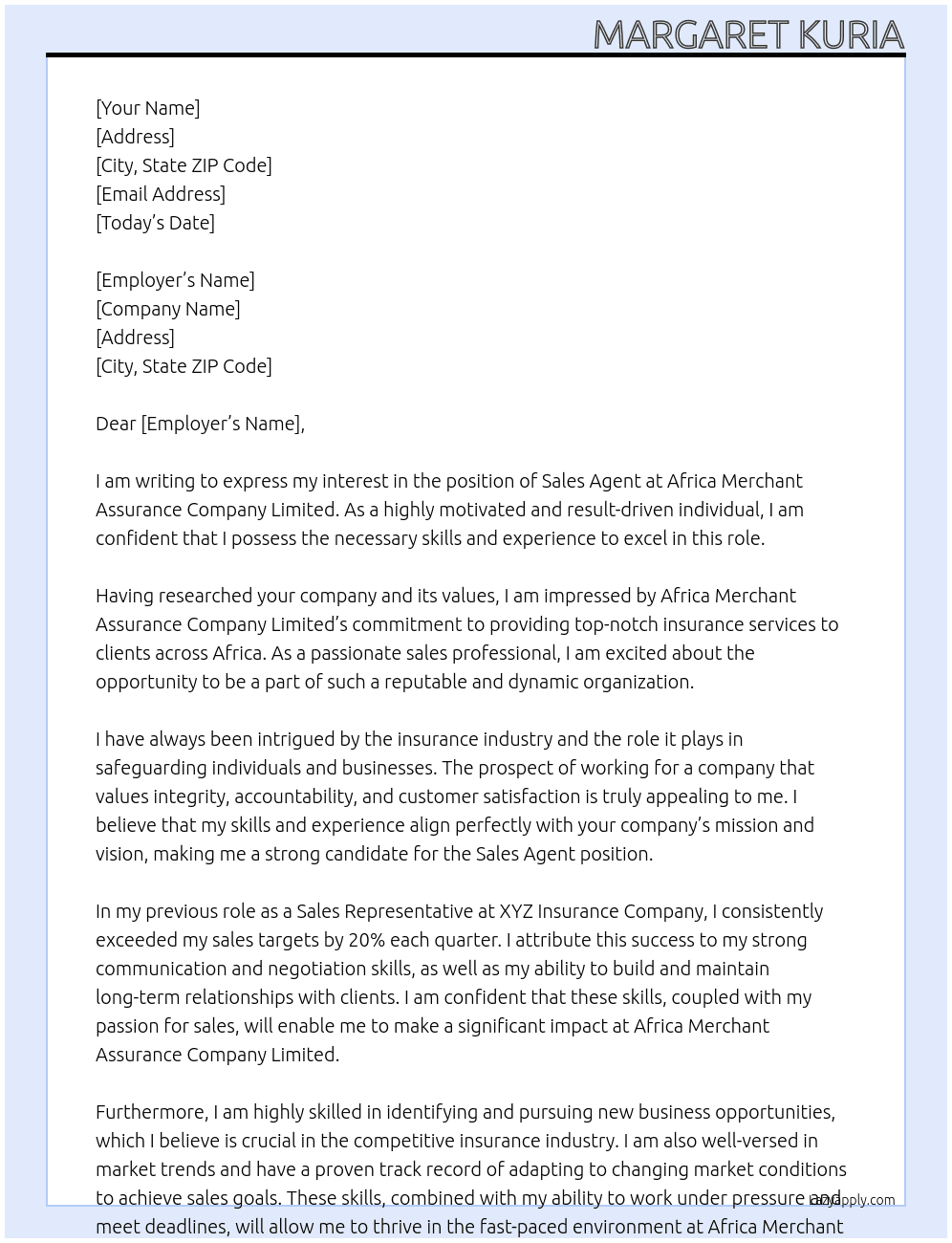 sales agent At Africa merchant assurance company limited Cover Letter