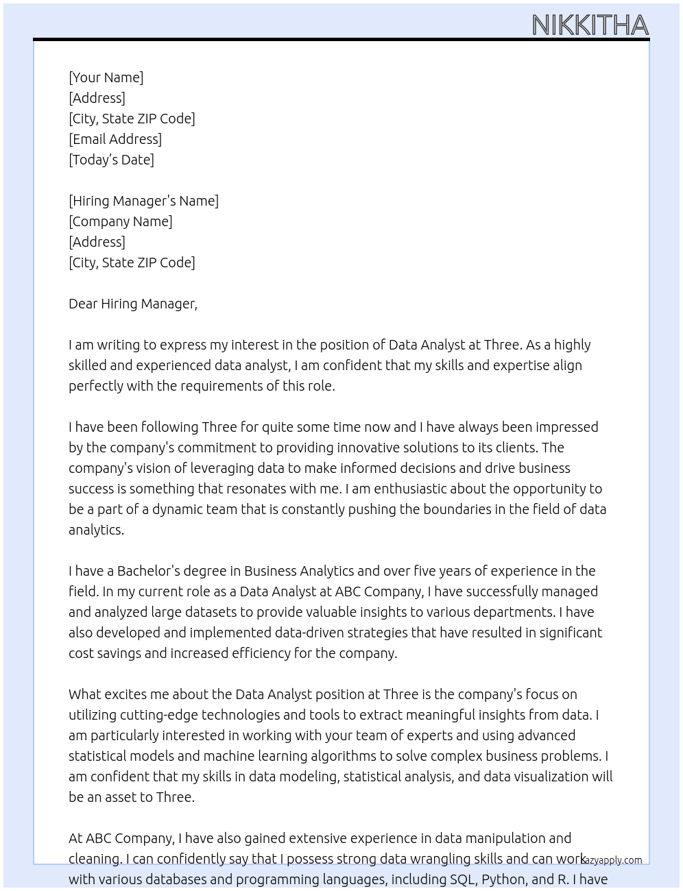 Data Analyst At Three Cover Letter