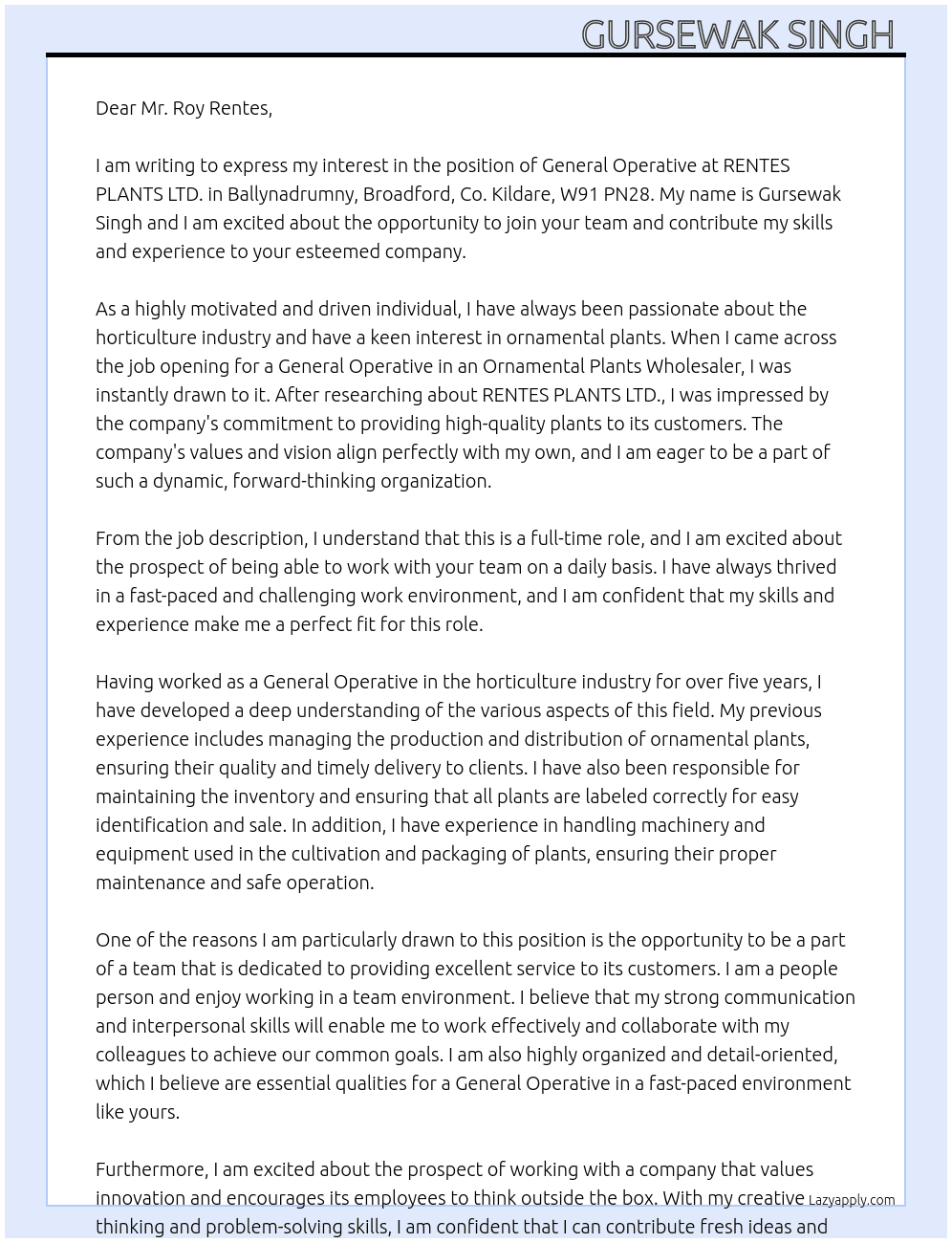 Cover letter for general operative in a ornamental plants wholesaler - LazyApply
