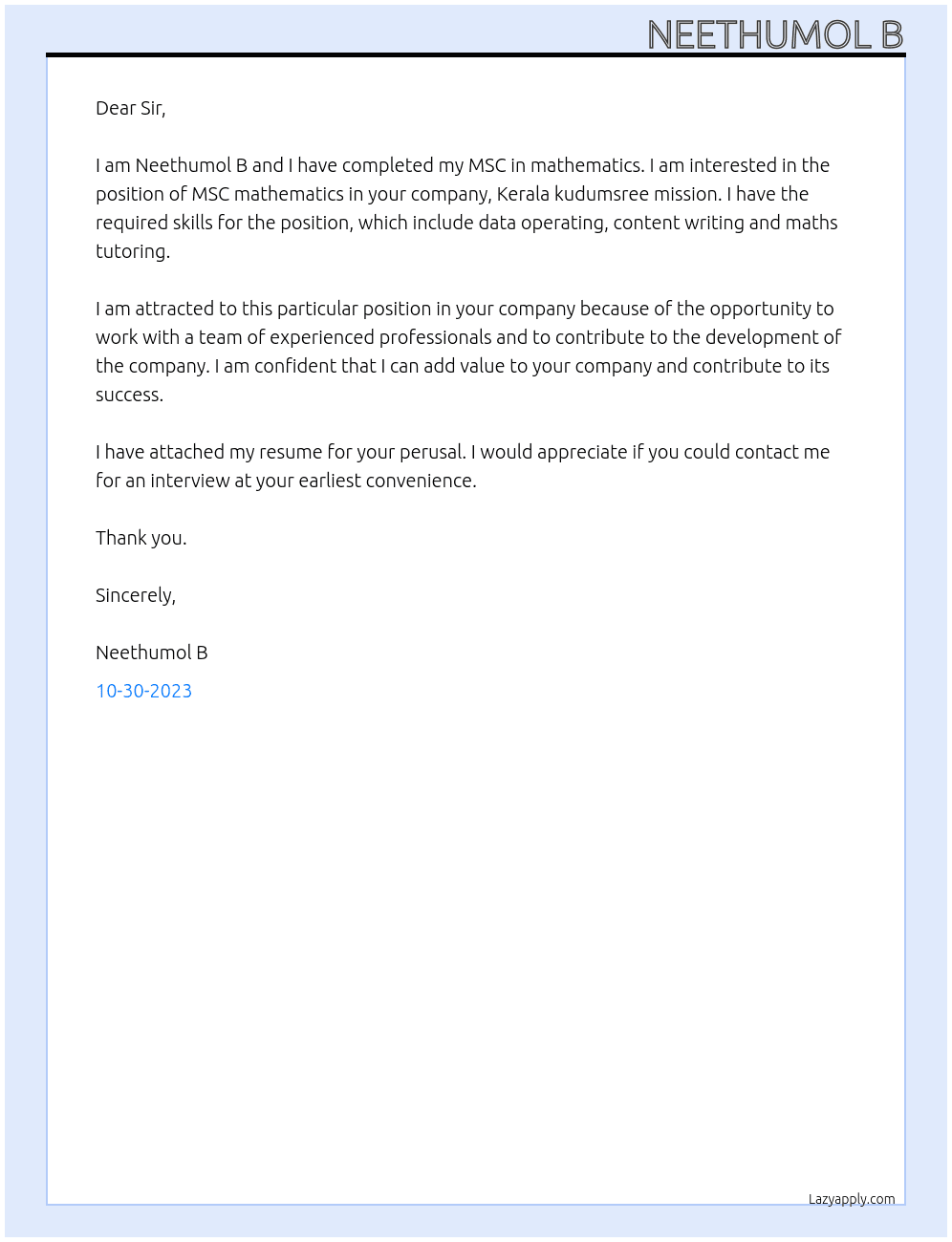 MSC mathematics  At Kerala kudumsree mission Cover Letter