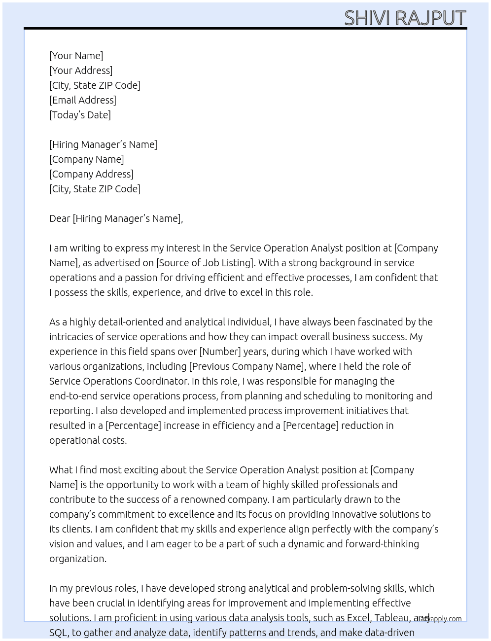 service operation analyst At Shivi Rajput Cover Letter