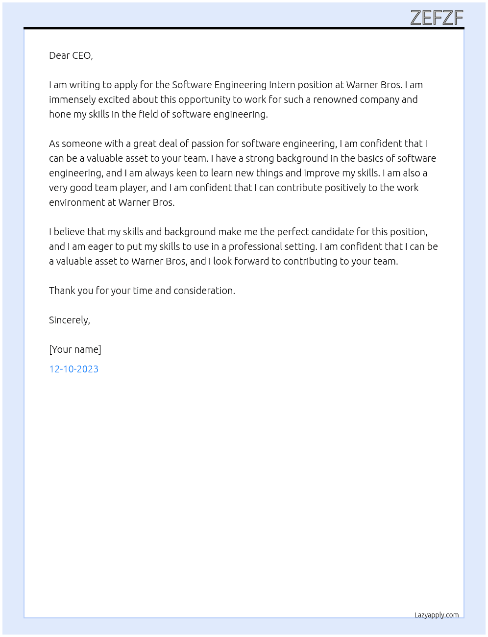 Software Engineering Intern At WARNER BROS Cover Letter