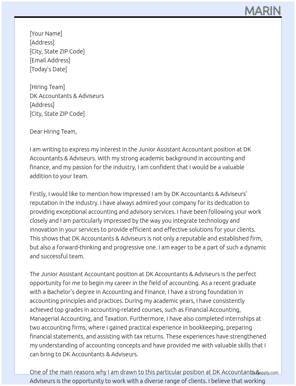 Junior Assistent Accountant At DK Accountants & Adviseurs Cover Letter