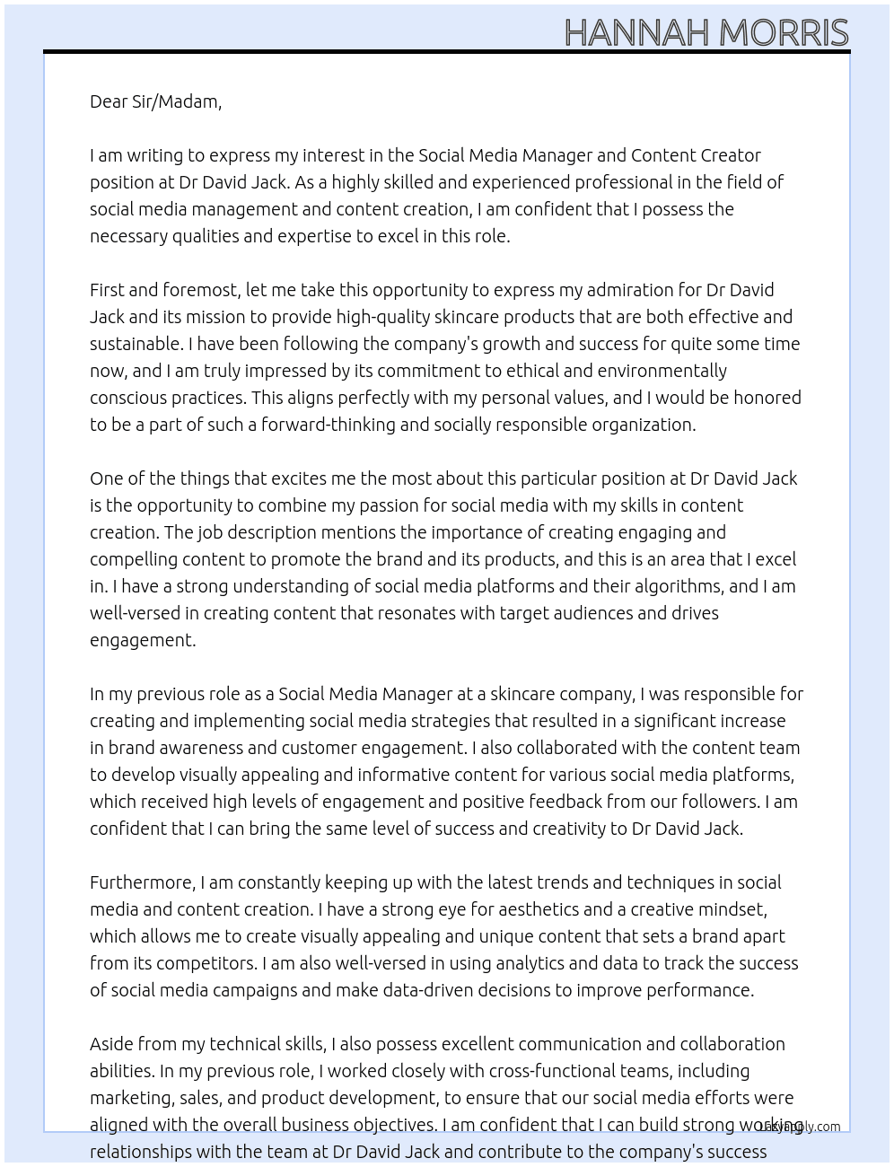 Social Media Manager and Content Creator At Dr David Jack Cover Letter