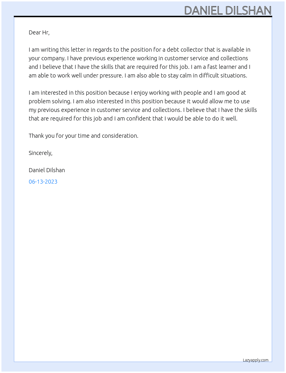 Debt collector At Office  Cover Letter