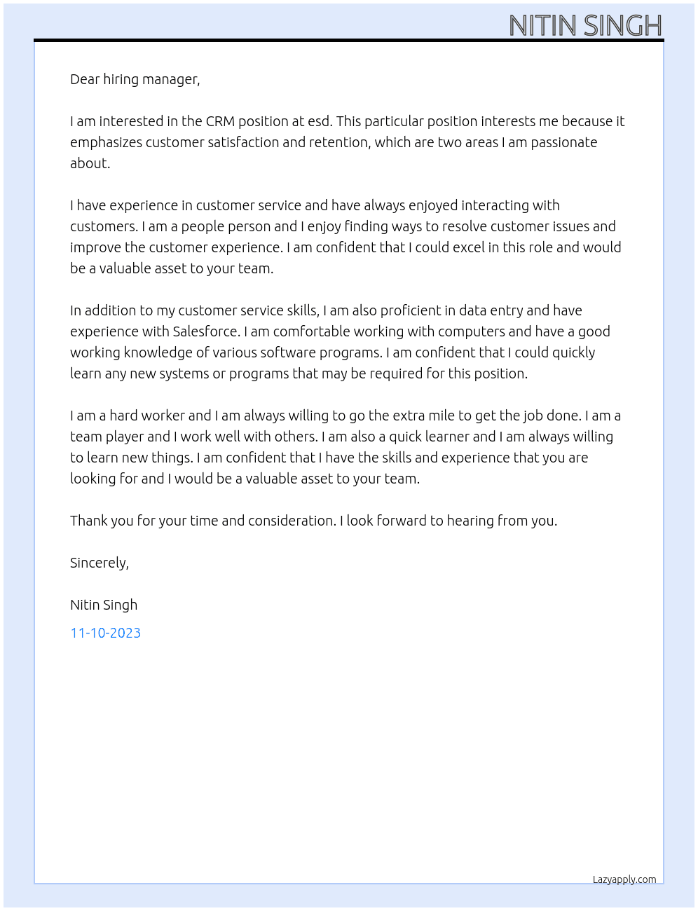 CRM At esd Cover Letter