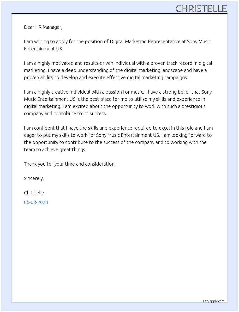 Digital Marketing Representative At Sony Music Entertainment US Cover Letter