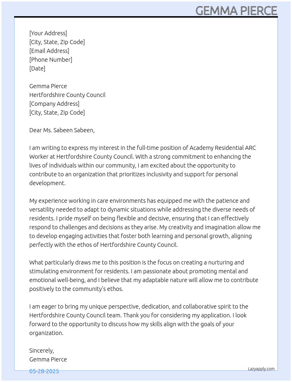 Cover letter for academy residental arc worker - LazyApply