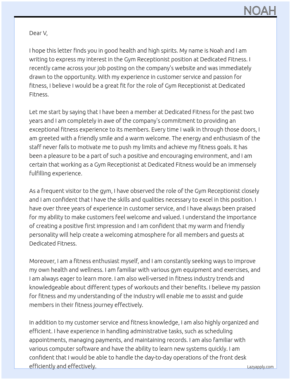 Gym Receptionist At Dedicated Fitness Cover Letter