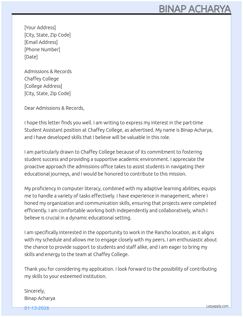 Student Assistant At Chaffey College Cover Letter
