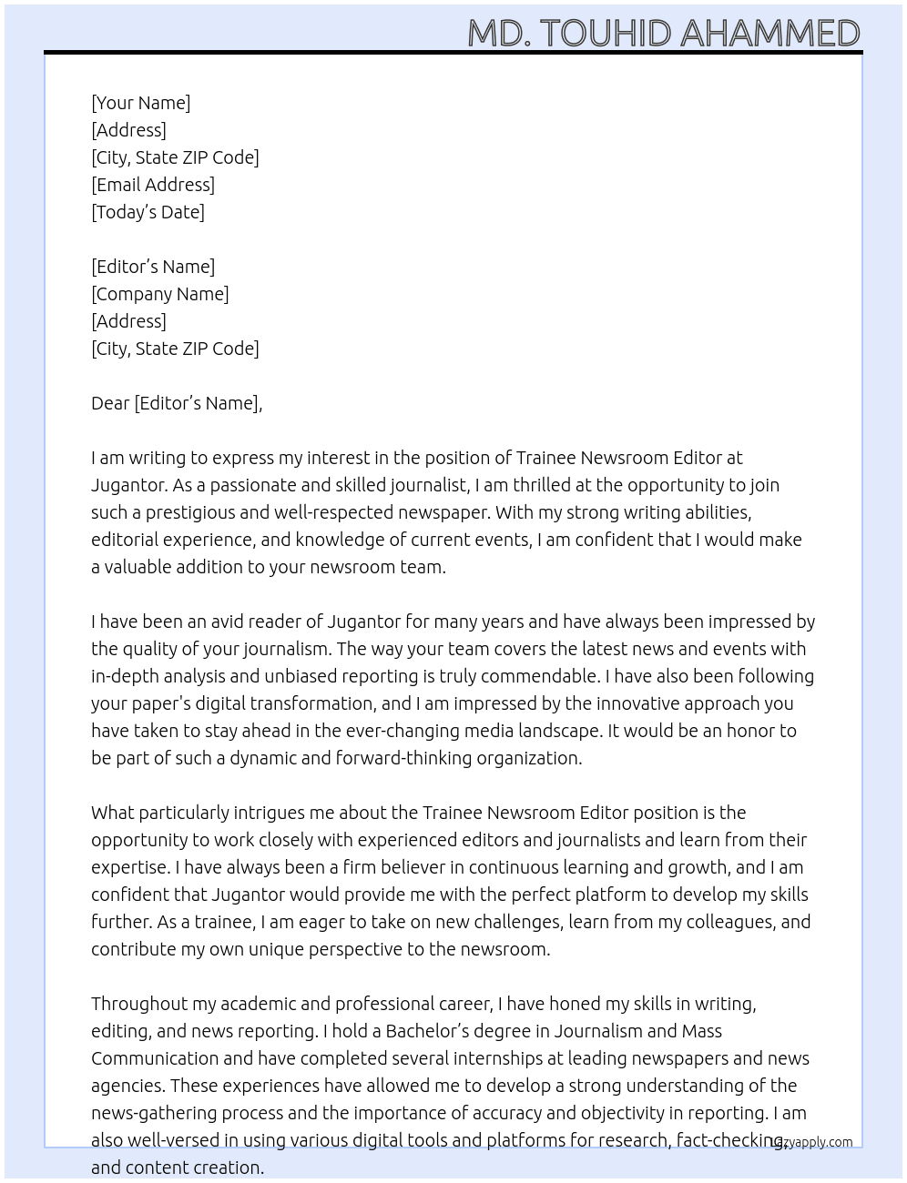 traine newsroom editor At Jugantor Cover Letter
