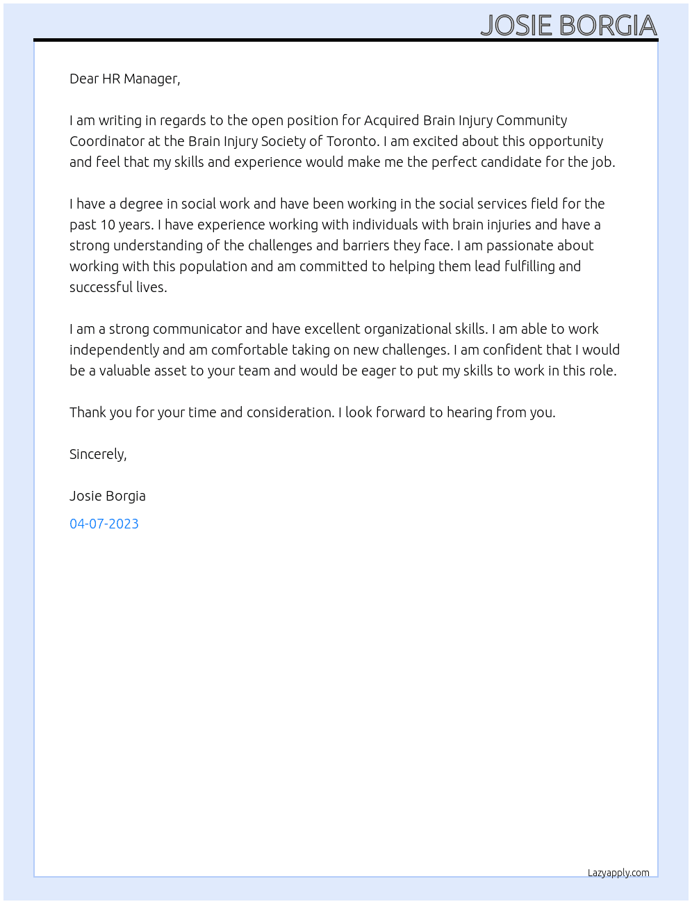 Acquired Brain Injury Community Coordinator At Brain Injury Society of Toronto Cover Letter