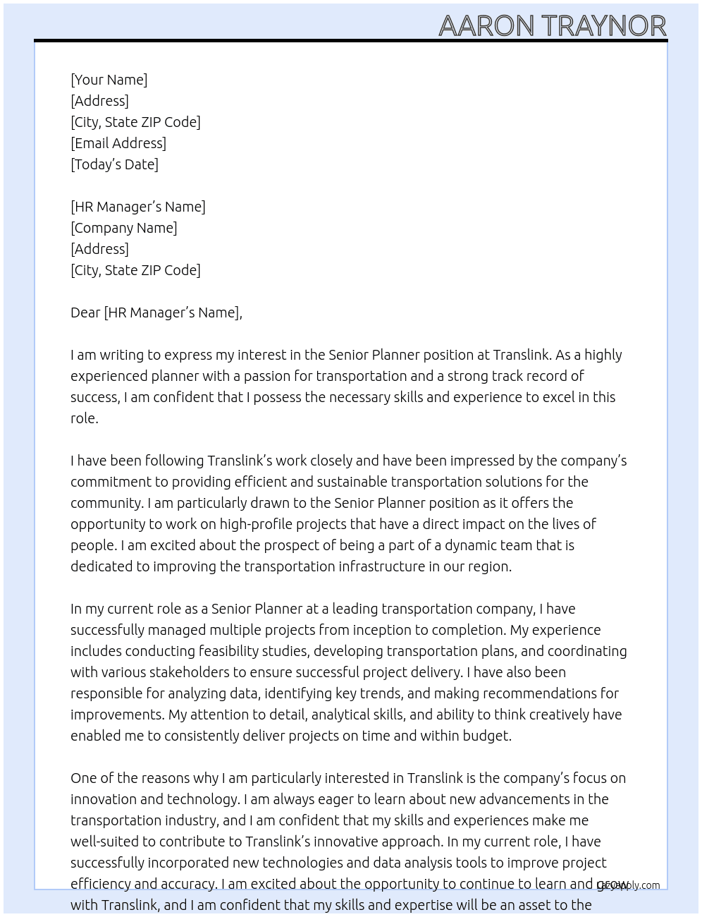 Senior Planner At Translink Cover Letter