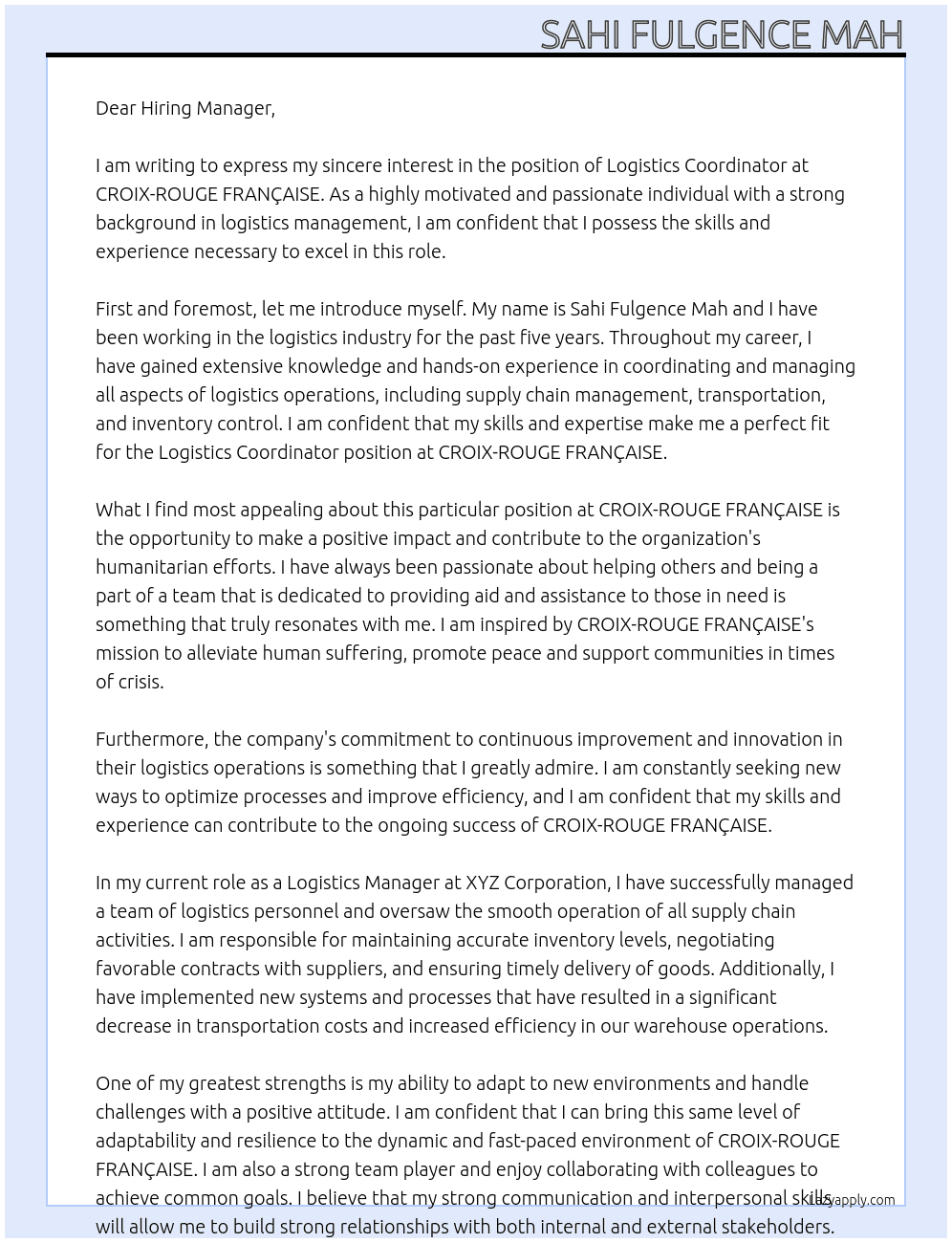 Logistics Coordinator At CROIX-ROUGE FRANÇAISE Cover Letter