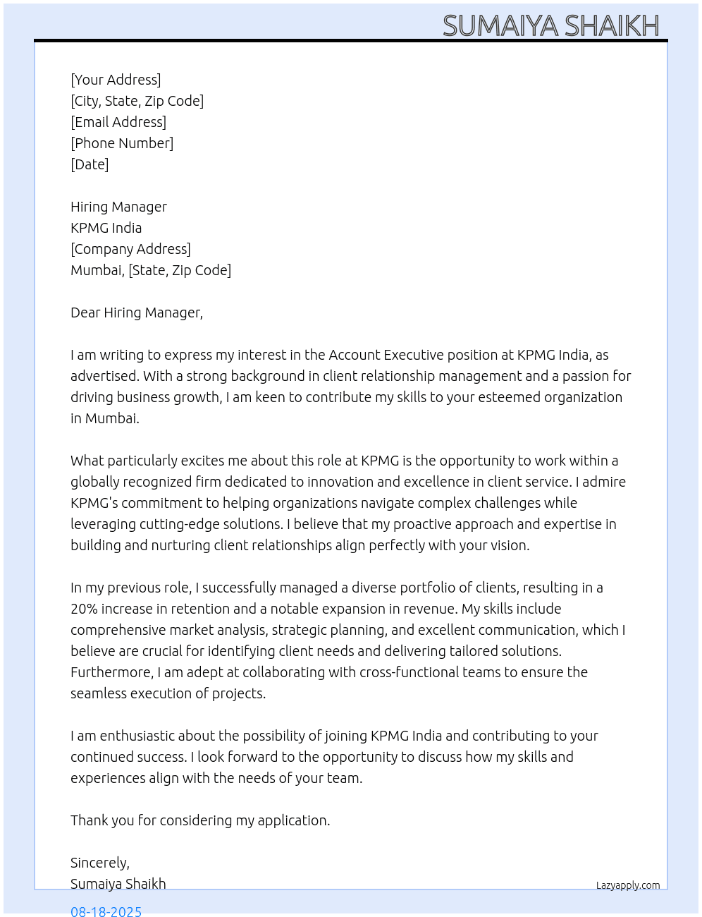 Account Executive  At KPMG INDIA Cover Letter